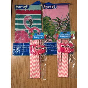New Bundle Of 22pc Tropical Flamingo Party Birthday Paper Straws & Table Cover